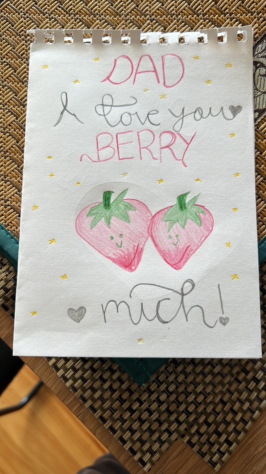 Card with two smiling strawberries and the words Dad, I love you berry much