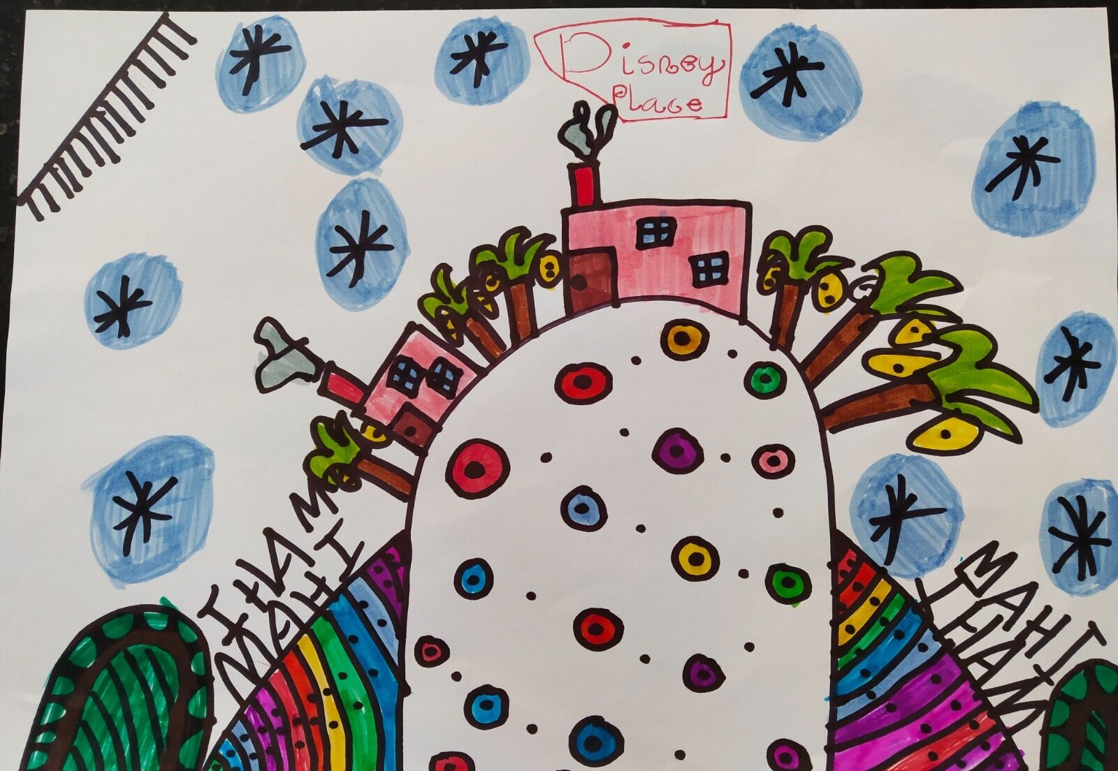 Colourful drawing of a little house on top of a spotted hill with a flag that reads Disney Place, surrounded by trees and stars