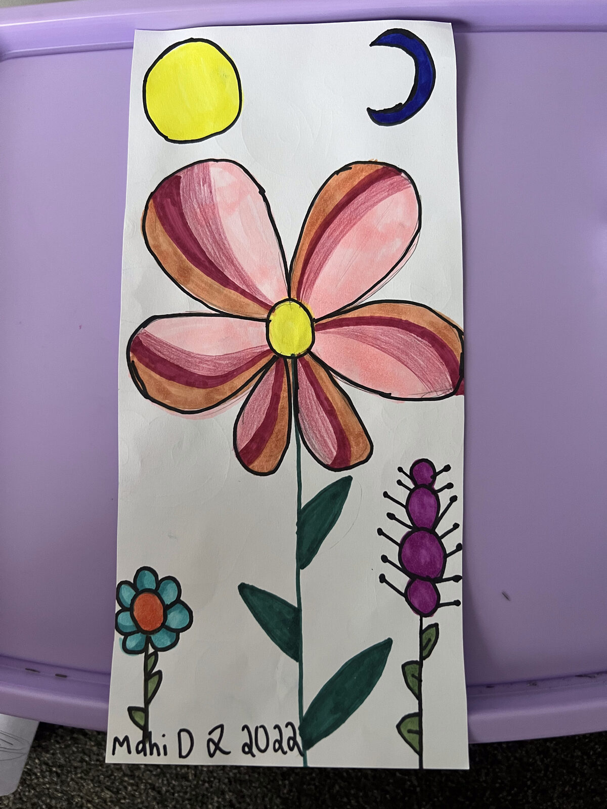 Painting of a big striped flower with the sun and moon above and small flowers below