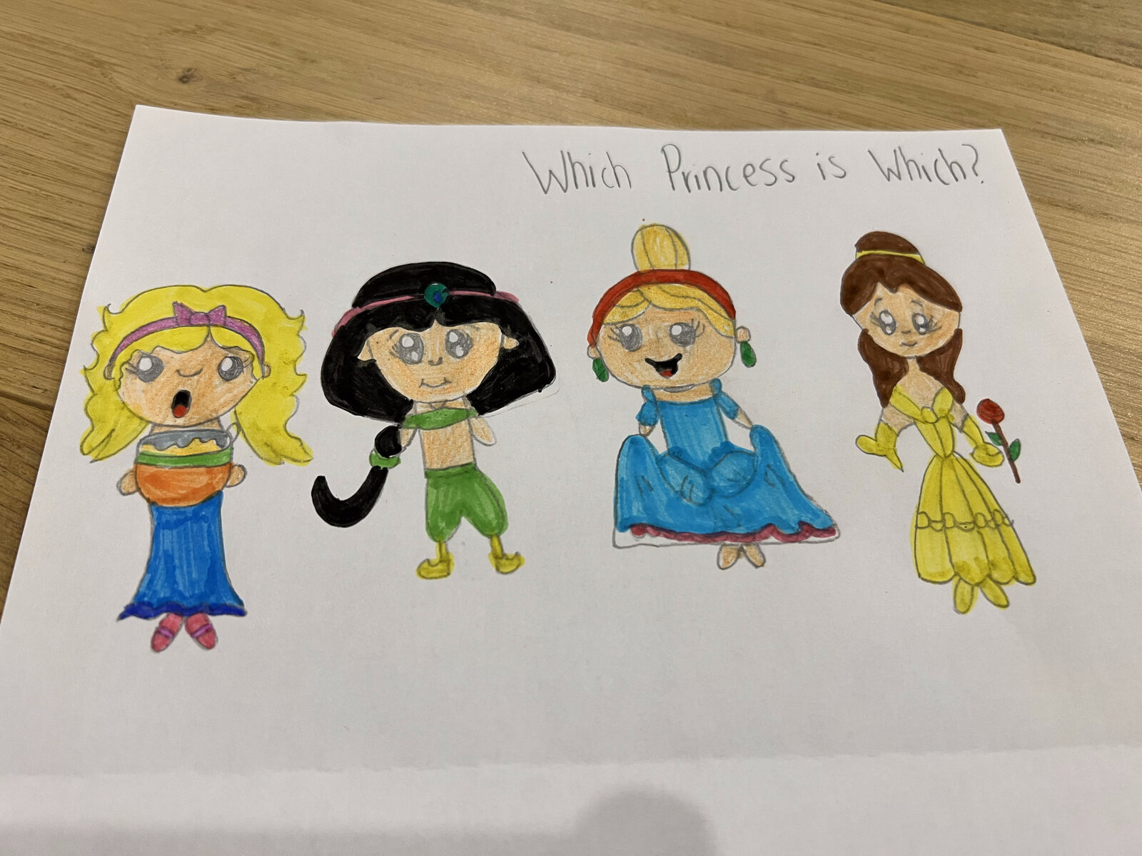 Drawing of four princesses in colourful dresses under the words Which Princess is Which