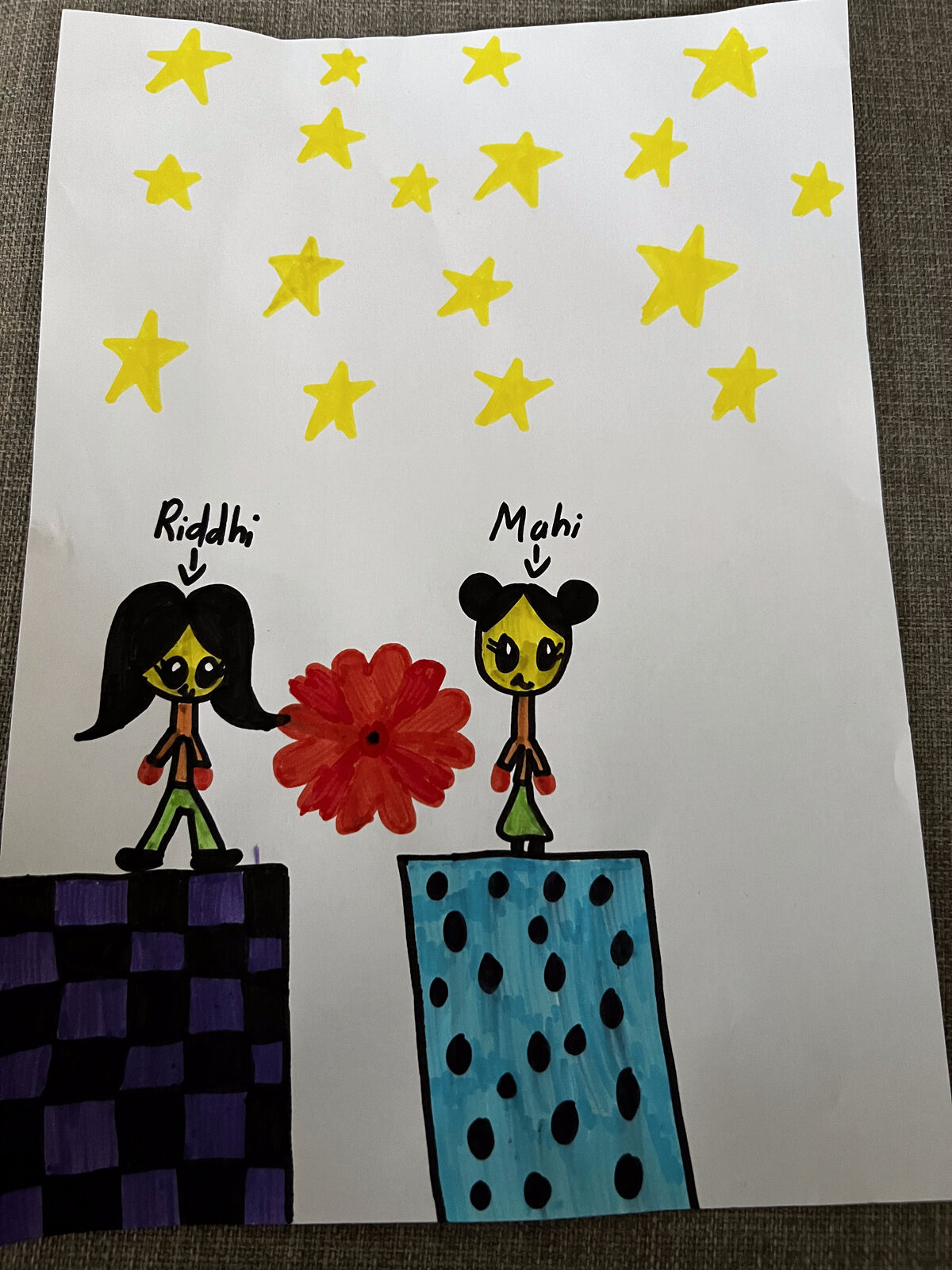 Drawing of two girls holding a big red flower under a sky full of yellow stars